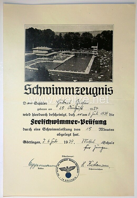 III. Reich: Schwimmzeugnisse von einem Schüler Bild 2