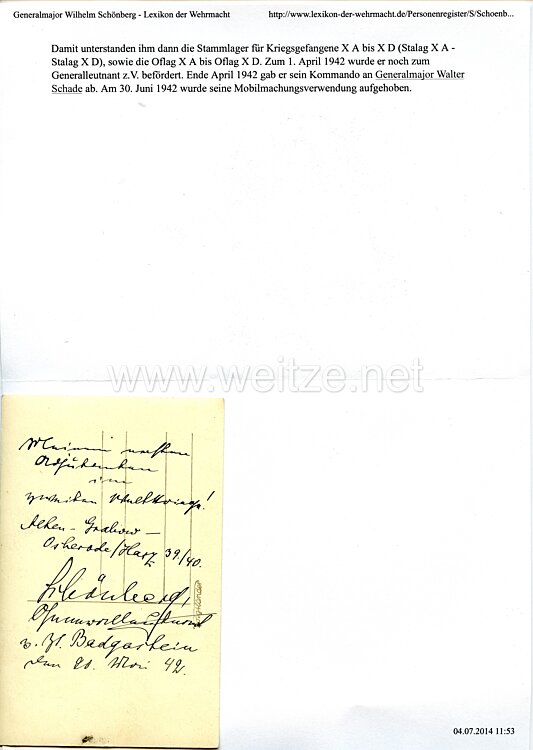 Wehrmacht Heer - Originalunterschrift von Generalleutnant Wilhelm Schönberg Bild 2