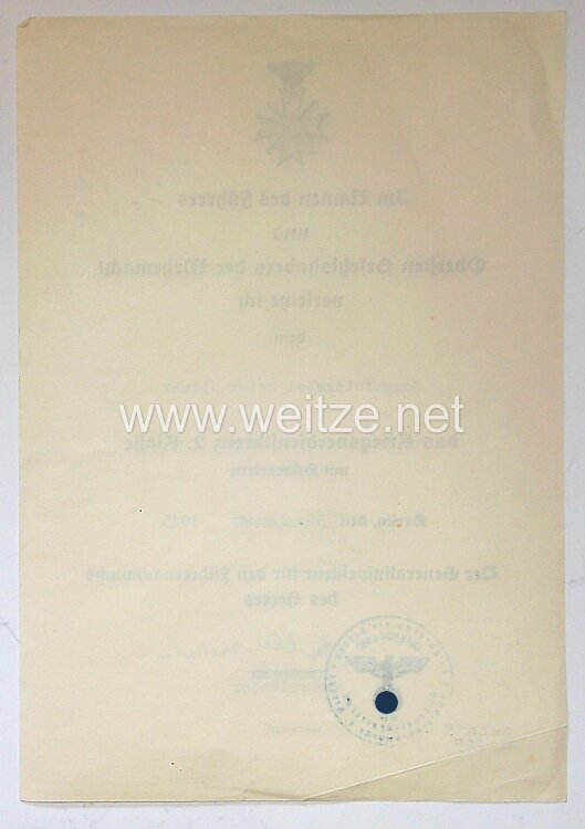 Kriegsverdienstkreuz 2. Klasse mit Schwertern - Verleihungsurkunde Bild 2