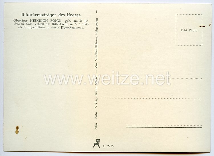 Heer - Originalunterschrift von Ritterkreuzträger Oberjäger Heinrich Boigk Bild 2