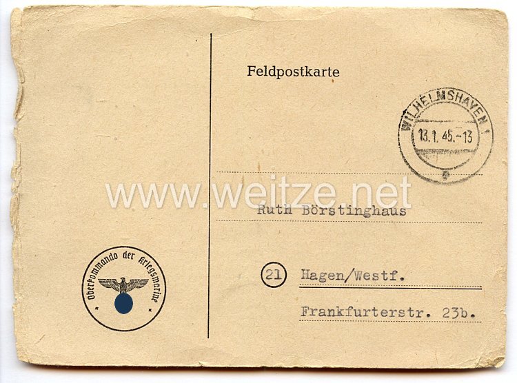 Festung Dünkirchen - Feldpostkarte als Festungspost an eine Frau in Hagen/Westfalen Bild 2