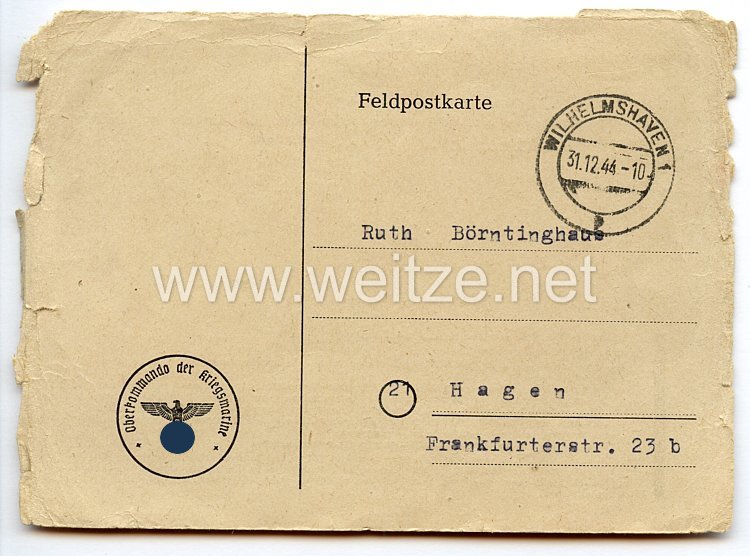 Festung Dünkirchen - Feldpostkarte als Festungspost an eine Frau in Hagen/Westfalen Bild 2