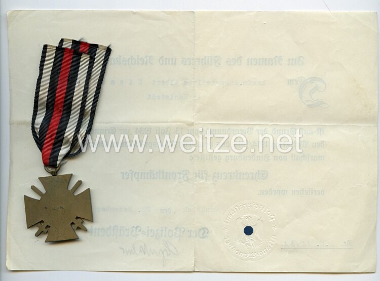 Ehrenkreuz für Frontkämpfer 1914-18 mit Urkunde Bild 2