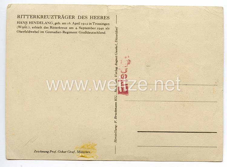 Heer - Originalunterschrift von Ritterkreuzträger Oberfeldwebel Hans Hindelang Bild 2