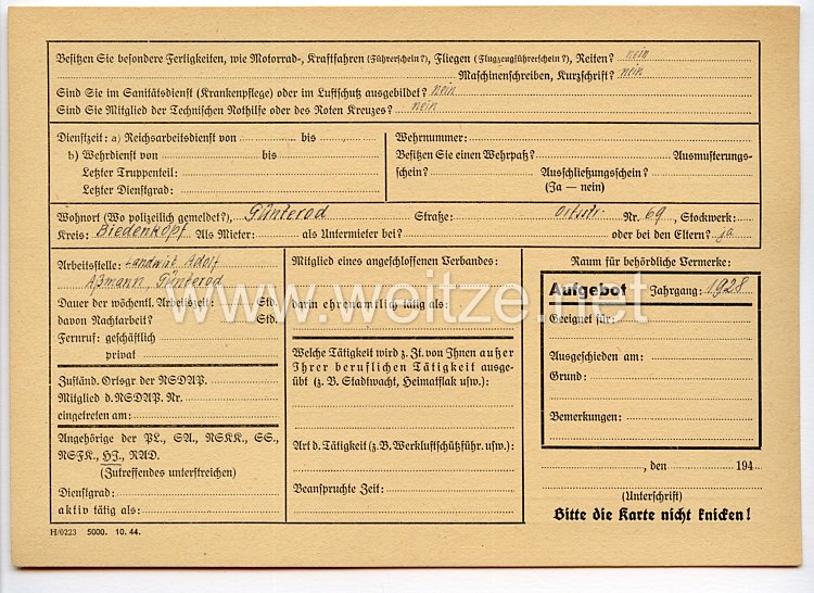 Der Deutsche Volkssturm - Erfassungsblatt für zu heranziehende Personen zum Aufgebot Bild 2